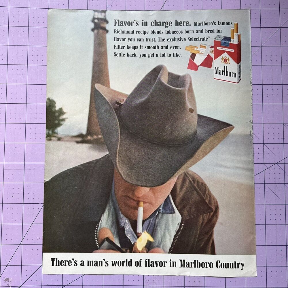 1963 MARLBORO MAN CIGARETTE CLASSIC PRINT AD "Flavor's in charge here"